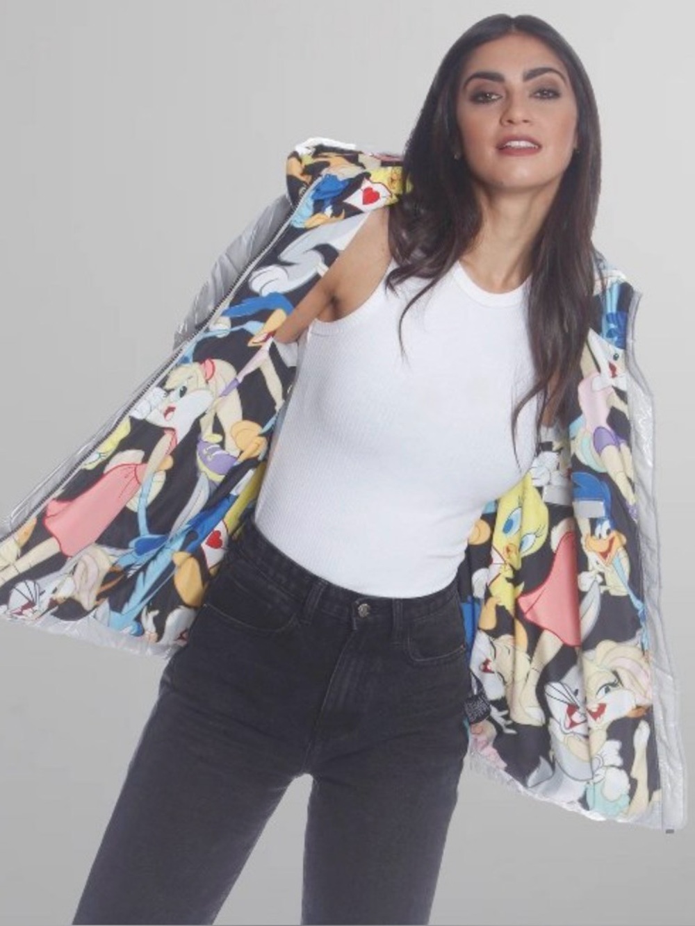 Members Only Chevron Quilt Puffer Jacket w/ Looney Tunes Mashup Print Lining, M